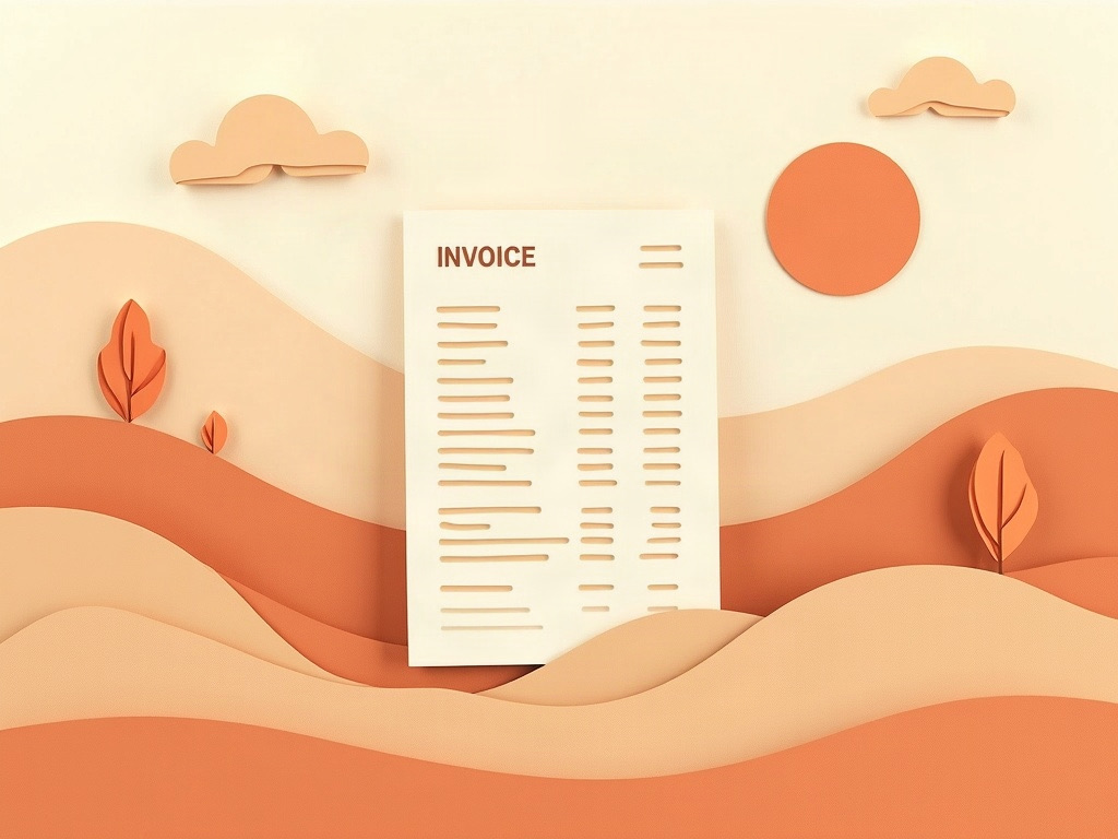 An invoice standing in a folded paper landscape of hills and clouds