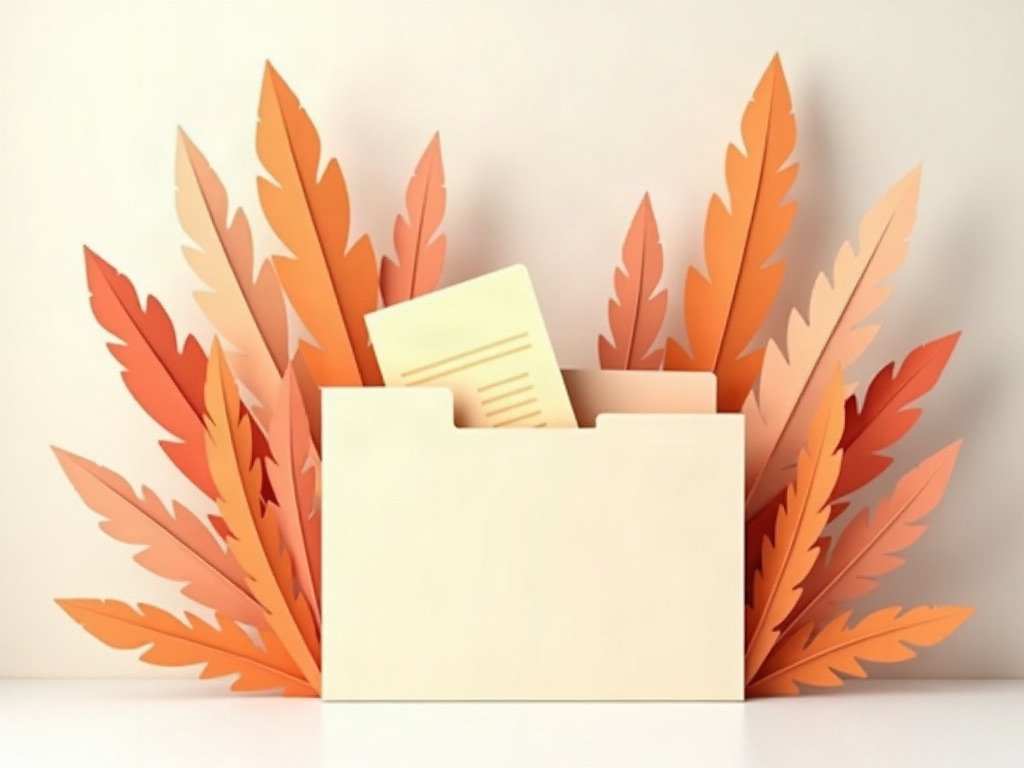 A paper folder holding filed invoices, against paper leaves