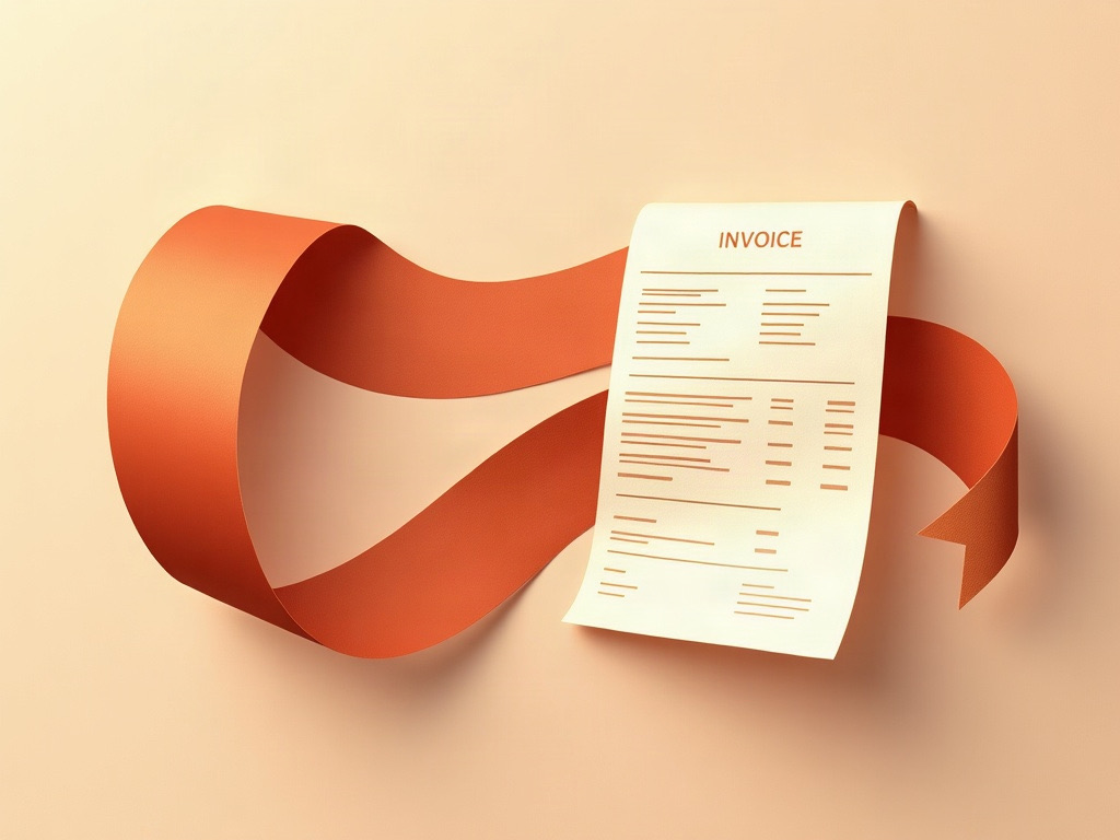 A paper invoice wrapped in a flowing orange paper ribbon