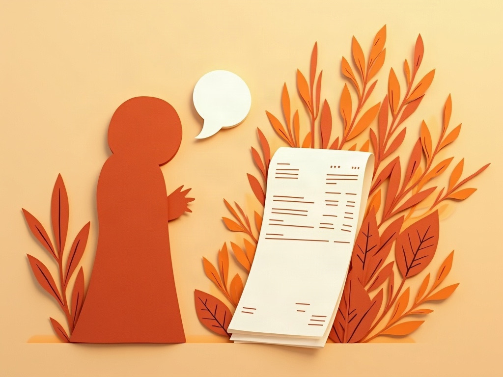 A cut-paper figure with a speech bubble beside a finished invoice
